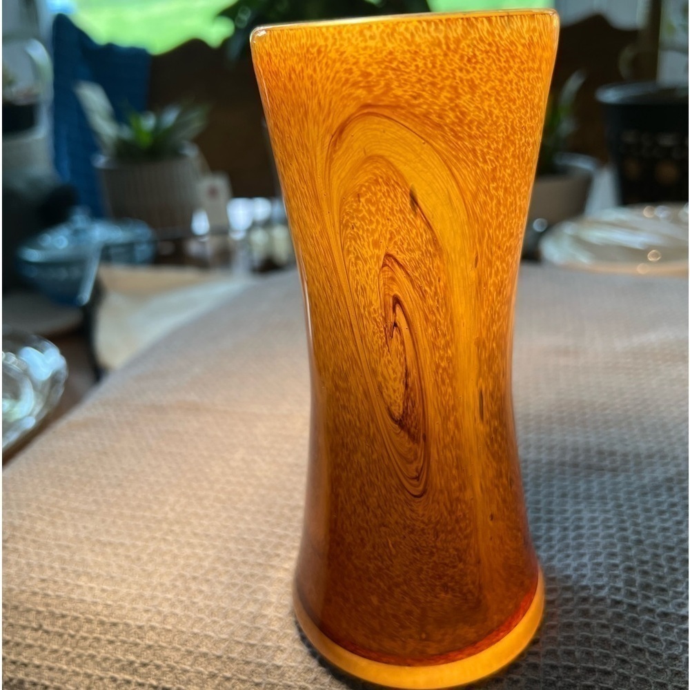 Vintage Brown Swirl Art Glass Vase White Lined Glass Inside